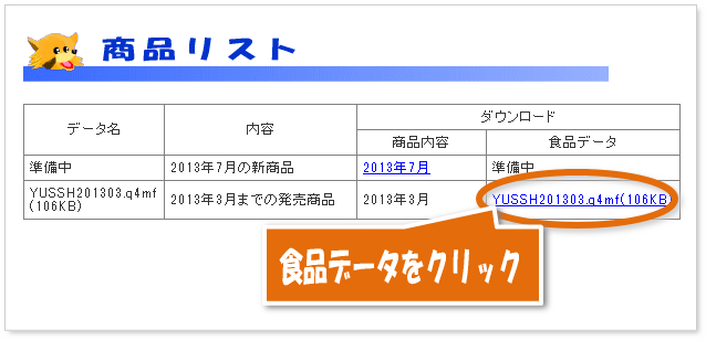 商品リストの食品データをデスクトップへダウンロードします。